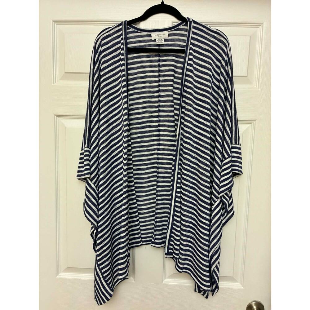 Liz Claiborne OX 1X Striped Open Cardigan Blue White Kimono Plus
